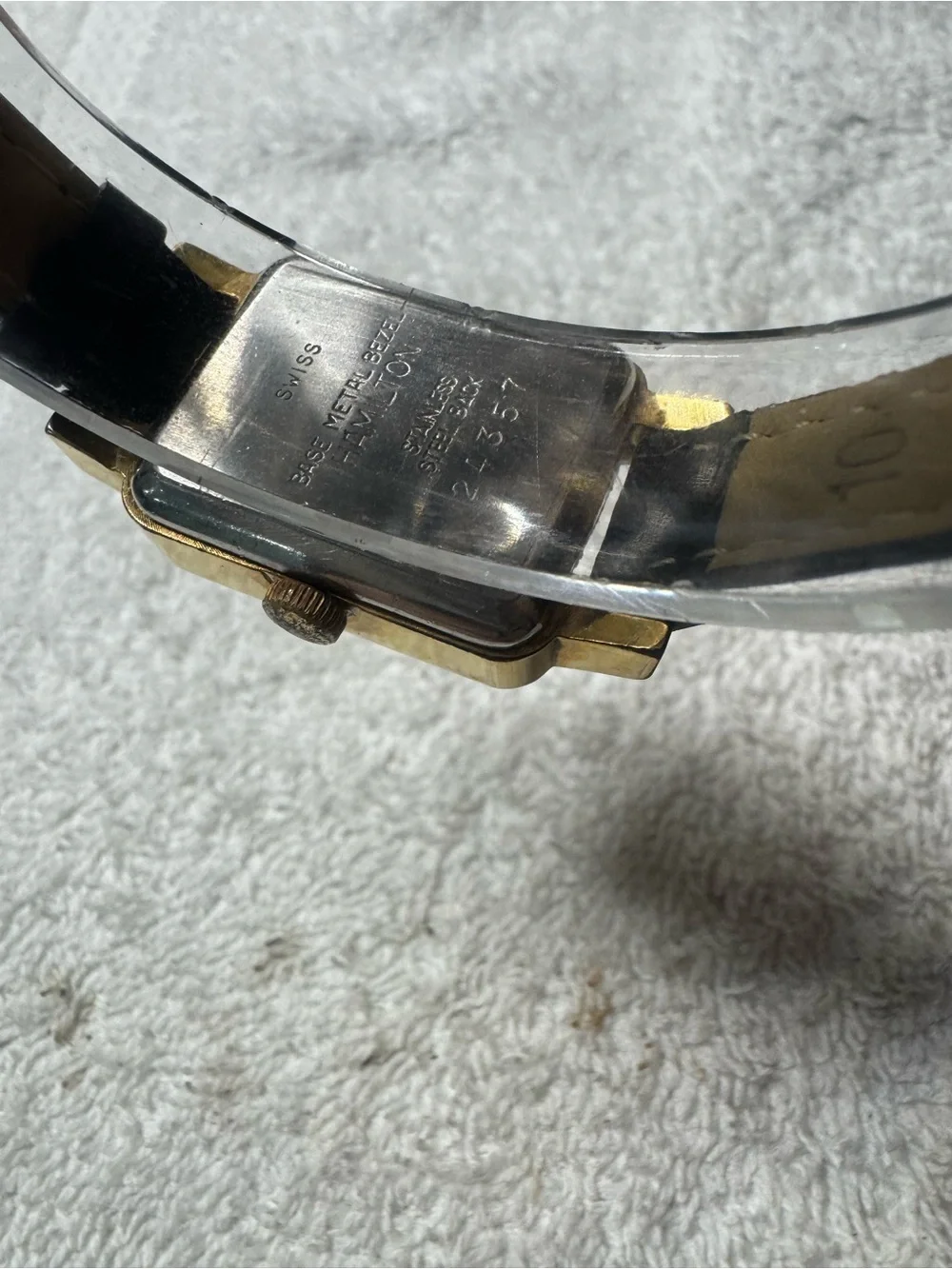 #080 Hamilton Gold-Tone Rectangular Dress Watch with Black Strap